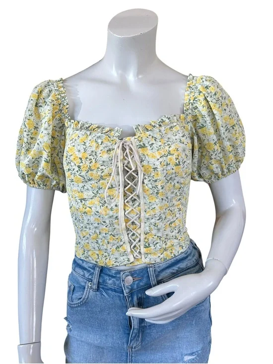ASTR Yellow & Green Floral Puff Sleeve Milkmaid Lace Up Front Blouse Size XS