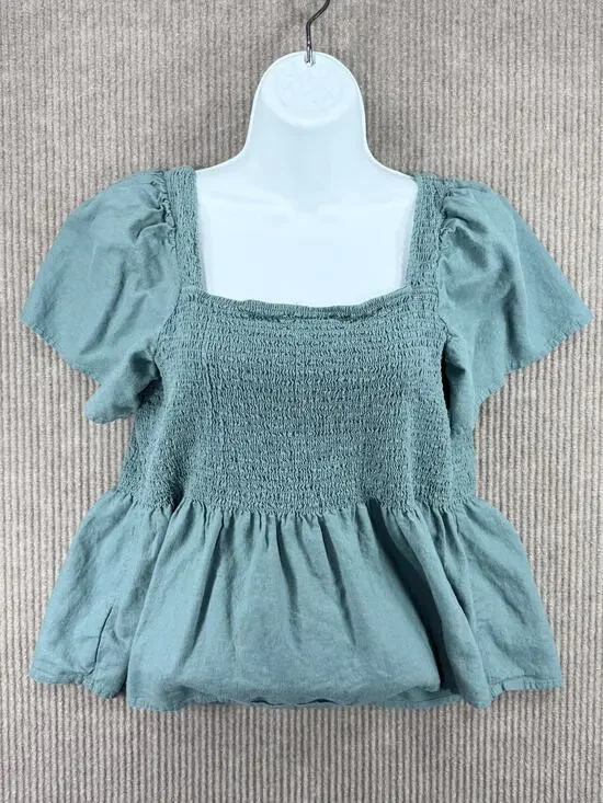 Madewell Lucie Linen Blend Smocked Peplum Top Faded Shale Green Size M
