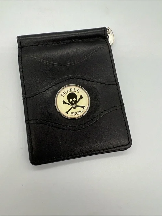 Searle Bros Black Leather Money Clip with Skull Emblem