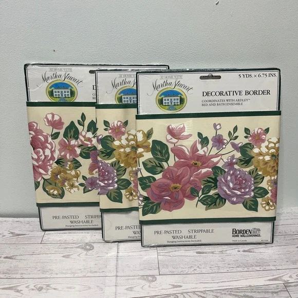 Martha Stewart Floral Wallpaper Border 3 Rolls Ardley Pink‎ Purple Gold 15yd NEW