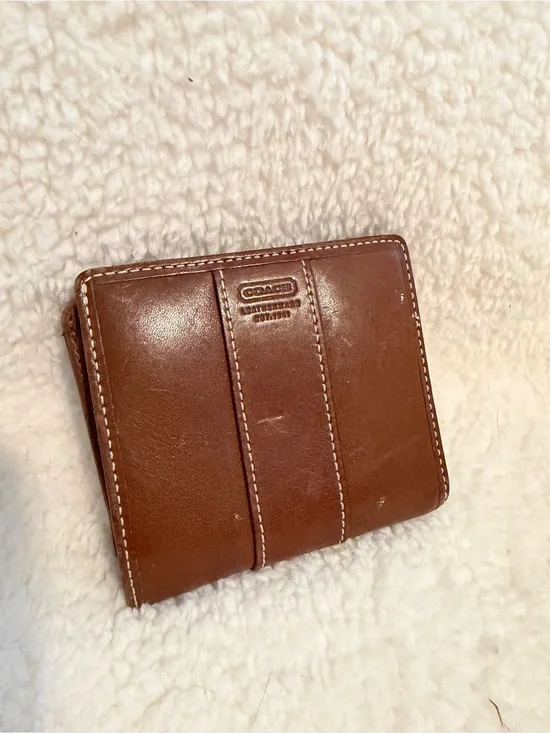Coach Brown Leather Money Clip Wallet with Contrast Stitching