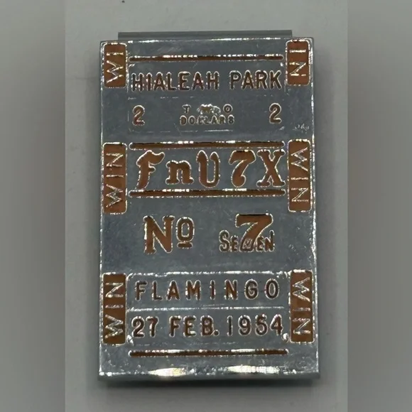 Hialeah Race Track Money Clip 7th Race February 27, 1954 “Flamingo” Chrome Vtg‎