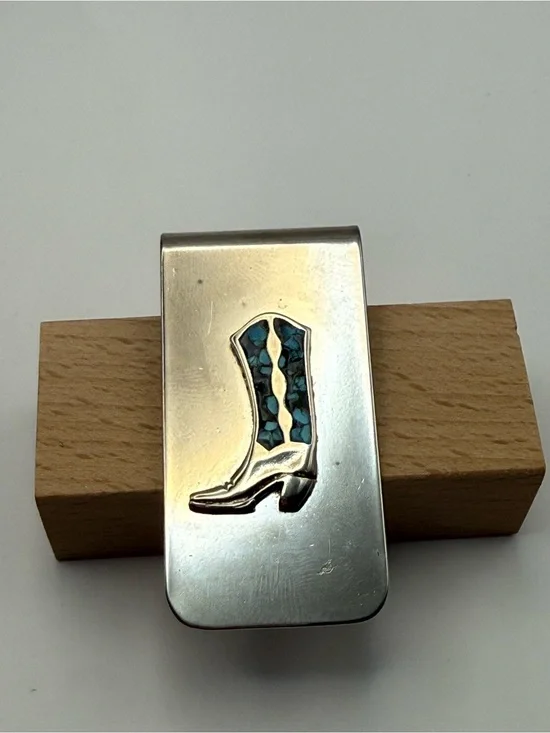Cowboy Boot Money Clip Turquoise Chip Inlay Western Southwestern Style