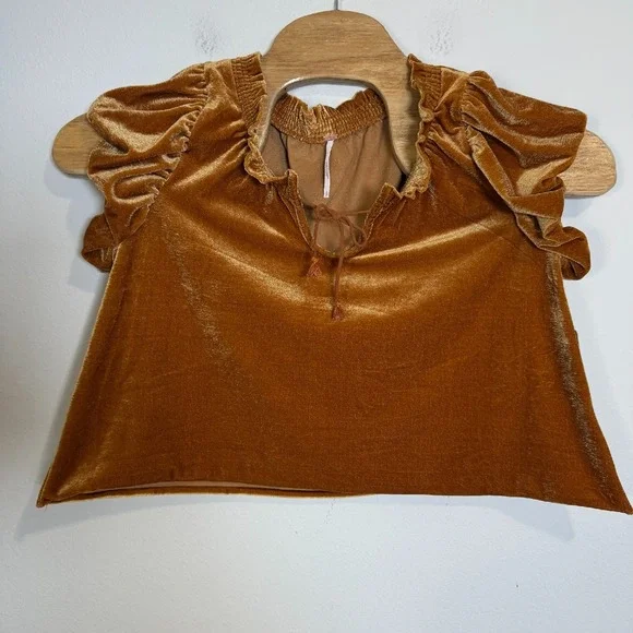 Free People Velvet Top Ruffle Sleeve Tie‎ Neck Pumpkin Pie Brown Size Small NWT