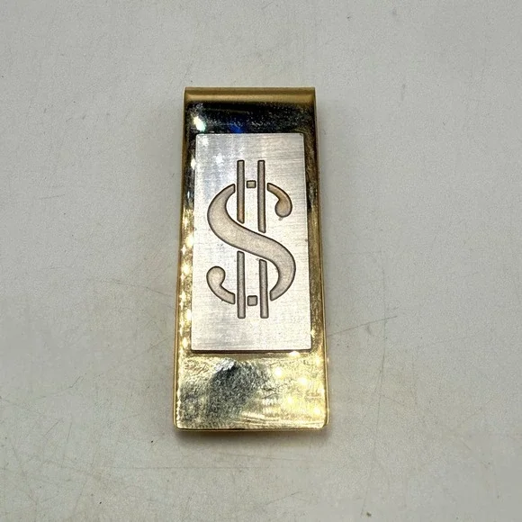 Vintage Two Tone Dollar Sign Money Clip Abalone Shell Inlay Gold Silver Tone