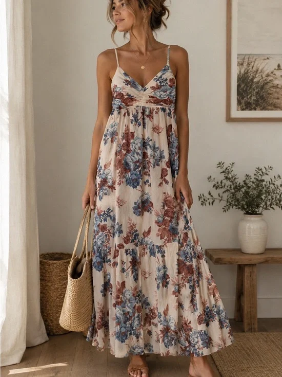 Abercrombie & Fitch Cream Smocked Maxi Dress with Blue & Rust Floral Print