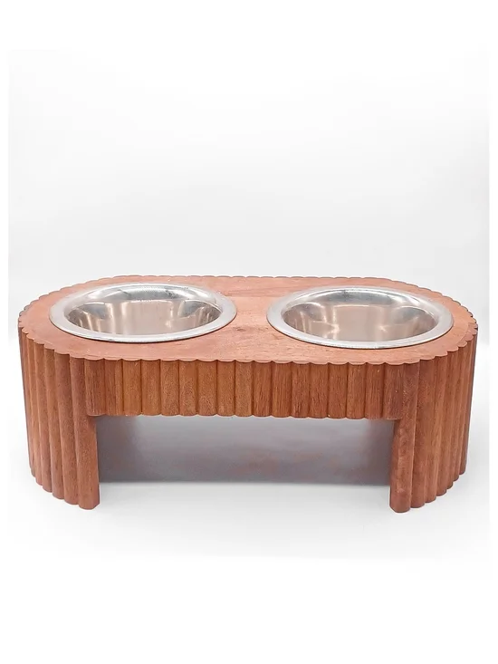 New Elevated Stainless Steel Double Dog Bowls With Custom Wood Stand ~ Natural