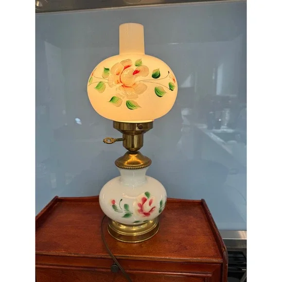 Vintage Hurricane Lamp Milk Glass Hand Painted Floral Rose Brass Electric Table
