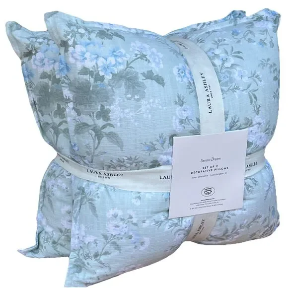 Laura Ashley Serene Dream Set of 2 Decorative Pillows Sage Green Blue Floral New