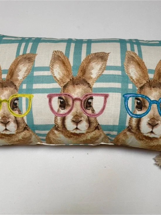 Decorative Bunny Print Lumbar Pillow in Teal and Pink
