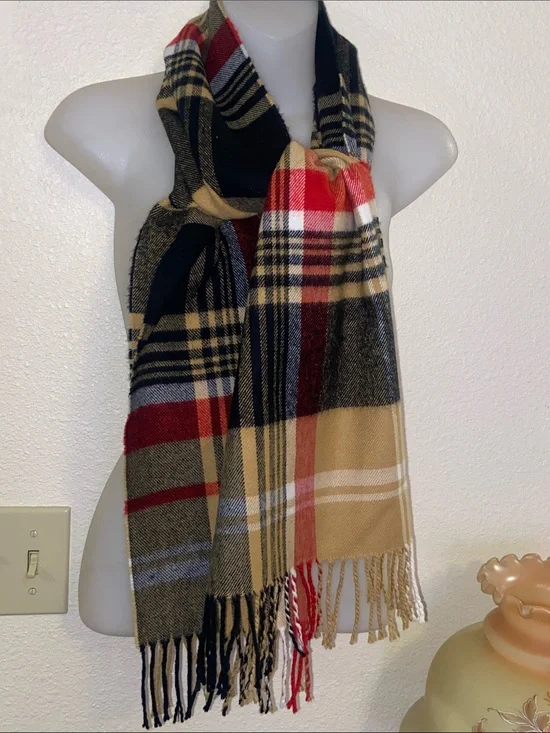 Unisex Plaid Fringe Scarf in Black, Tan & Red - Classic Winter Accessory 70”x12”