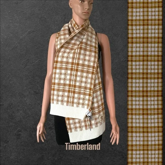Timberland Plaid Scarf Tan Cream‎ Knit Fall Academia Western Unisex Warm Holiday