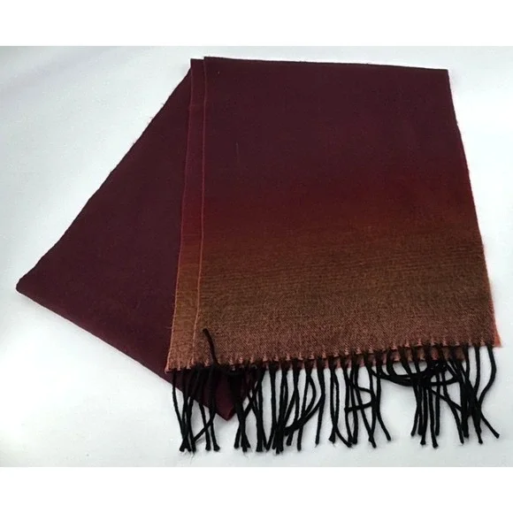 Gradient Burgundy-Orange 100% Cashmere Scarf With Fringe Made In Scotland‎