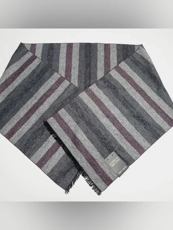 Enrico Milano Men's Silk Winter Scarf Gray & Burgundy Stripe Pattern 60x12.5