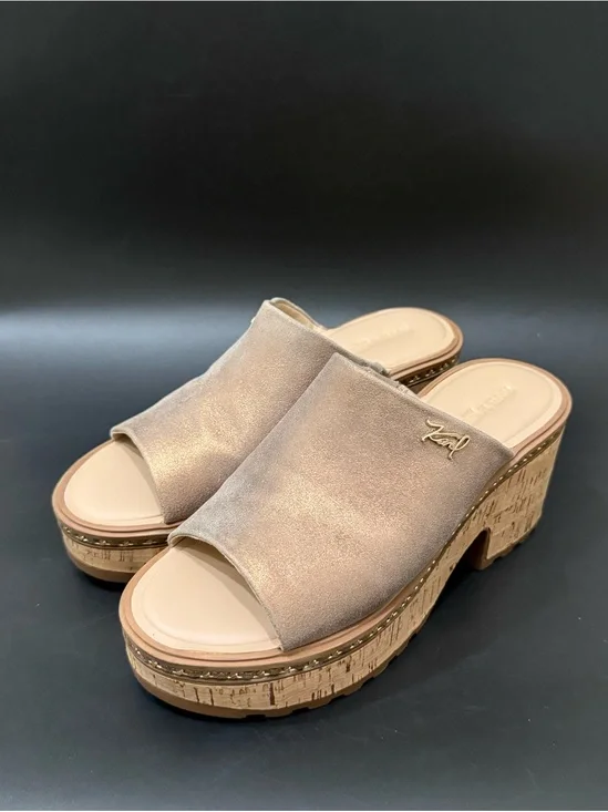 KARL LAGERFELD Clarina Metallic Gold Leather Cork Platform Sandals US Size 8M