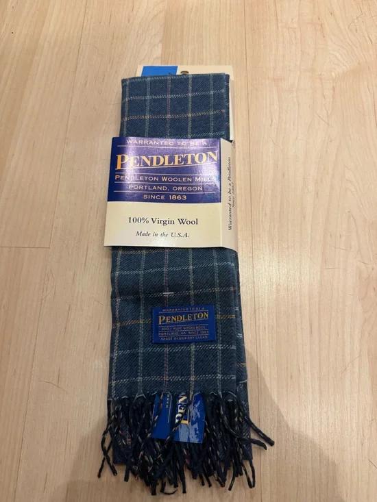 Pendleton Teal and Navy Plaid Virgin Wool Scarf