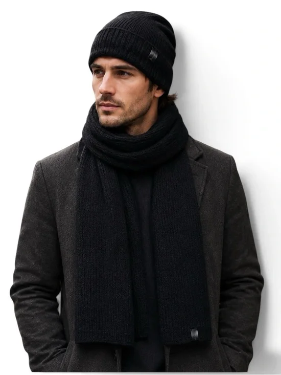 AllSaints Fuzzy Knit Beanie & Scarf 2-Piece Set Black NWT Without Box