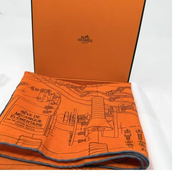 Hermes Carre H 65 Reve de Mecanique Elementaire Orange Cotton Scarf 2019 Box
