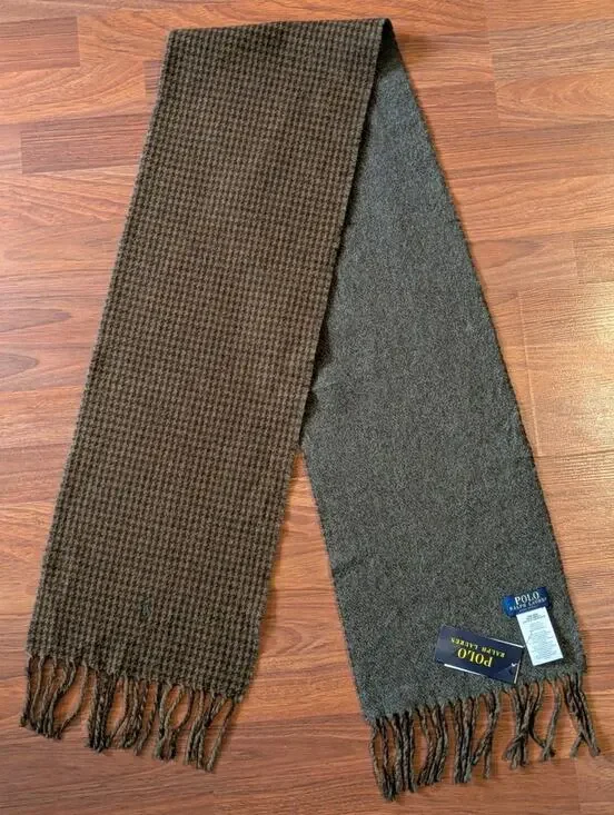 Polo Ralph Lauren Scarf Italy Wool Reversible Brown Green Houndstooth Fringe NWT