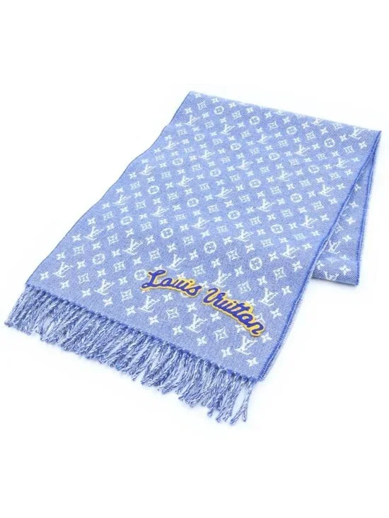 Louis Vuitton Echarpe Denim Embellished Monogram Patch Logo Fringe Wool Scarf