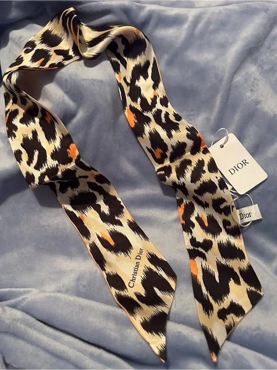 CD Leopard Print Silk Twilly in Black, Cream & Orange Accents