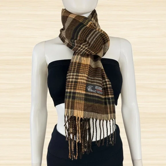 Cashmere Blend Plaid Scarf Brown Tan Tartan Fringe Italy Design Classic Preppy
