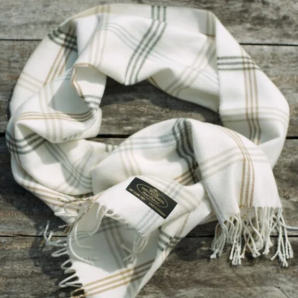 100% CASHMERE European Fringed Plaid Cream Scarf