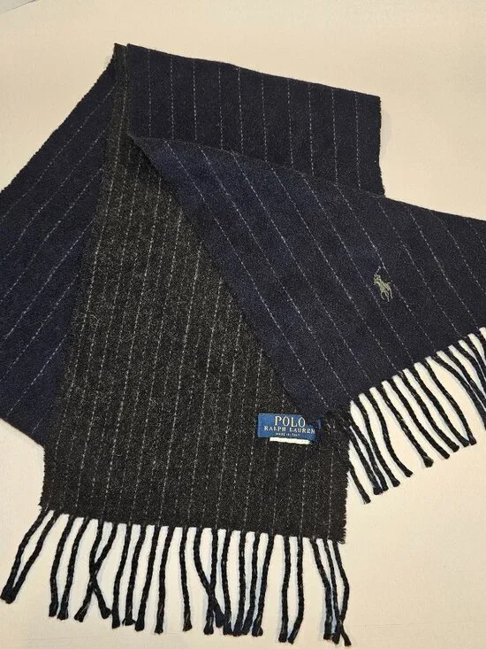 Polo Ralph Lauren Men's Reversible Wool Scarf Navy Charcoal Gray Striped Fringe