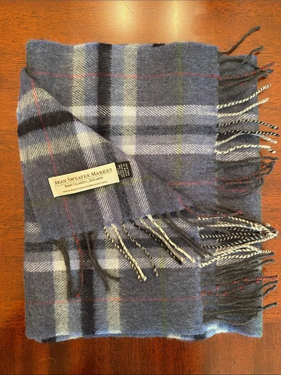 Aran Sweater Market Blue Plaid Rxtra Fine Merino Wool Scarf
