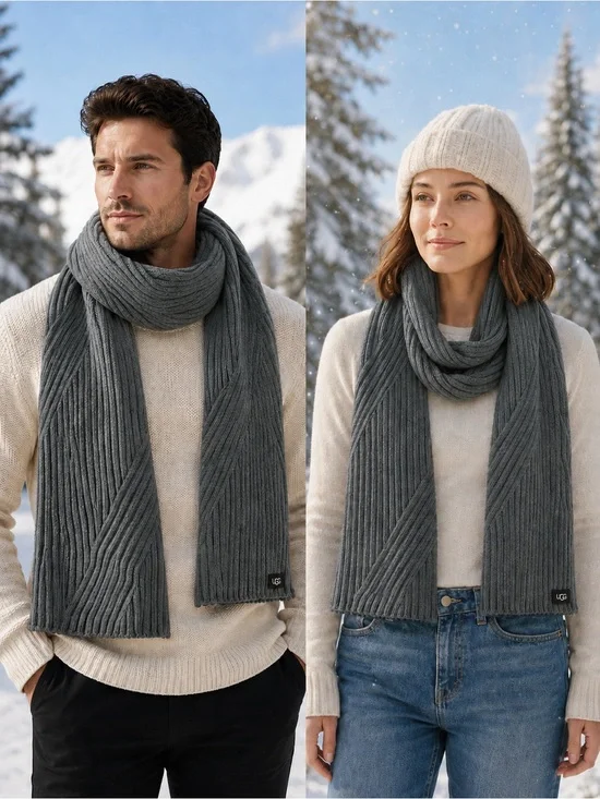 UGG Heathered Gray Ribbed Wool Blend Scarf Unisex One Size NWOT