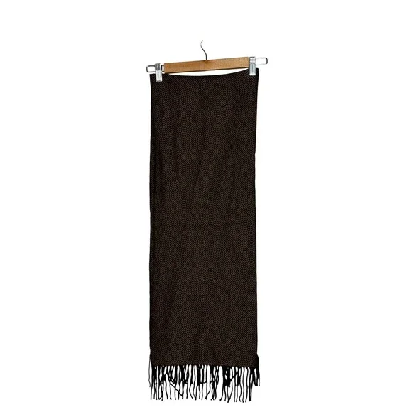 Brown Black Geometric Lambswool Scarf 60 x 11.5 Fringe Diamond Pattern