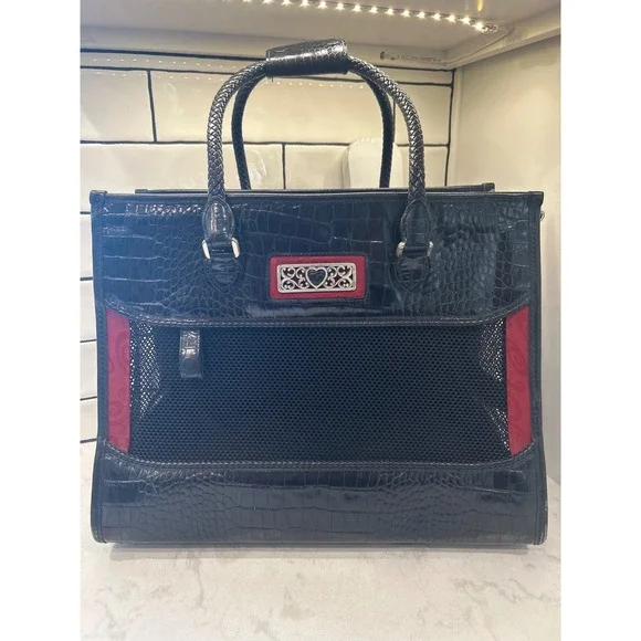 Brighton Black Croc Embossed Leather Red Scroll Pet Carrier Tote Bag U145870
