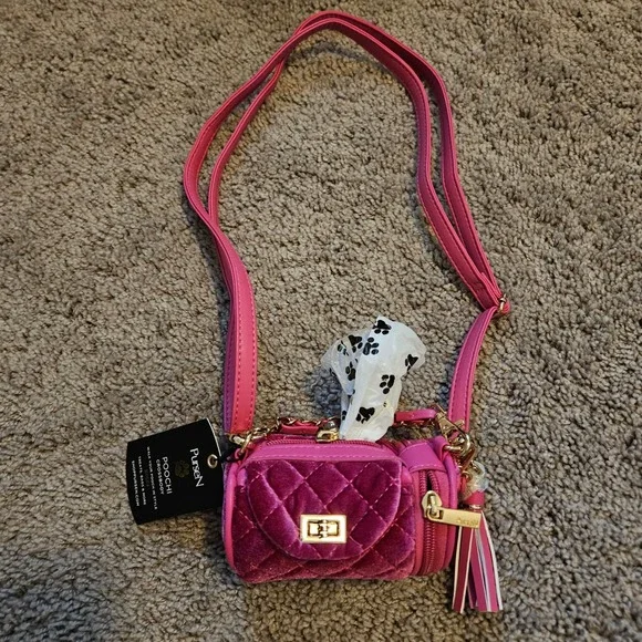 PurseN Poochi Crossbody Dog Walking Bag Small Magenta NEW Quilted‎ Velvet Tassel