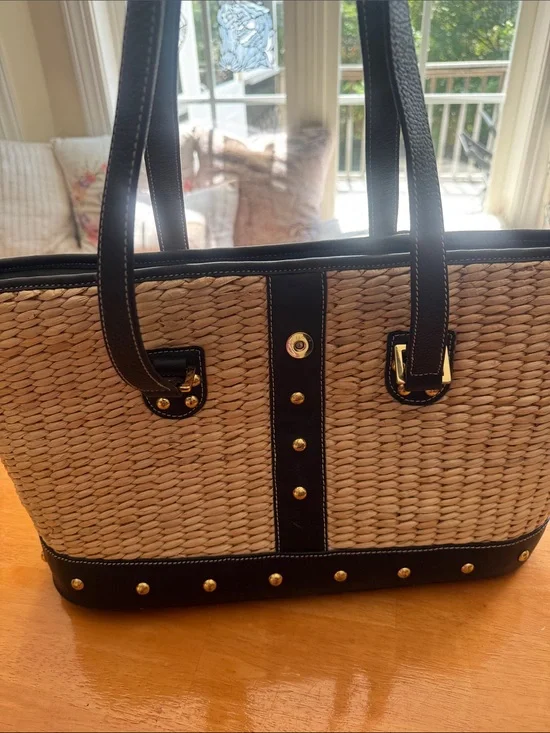 Woven Straw Pet CarryTote with Black Trim and Gold Accents