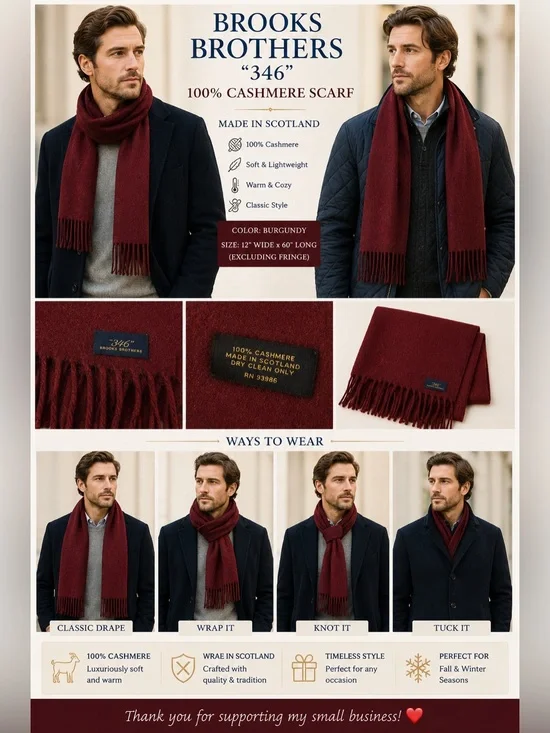 Brooks Brothers 346 100% Cashmere Scarf Burgundy Red Made Scotland Fringe 60