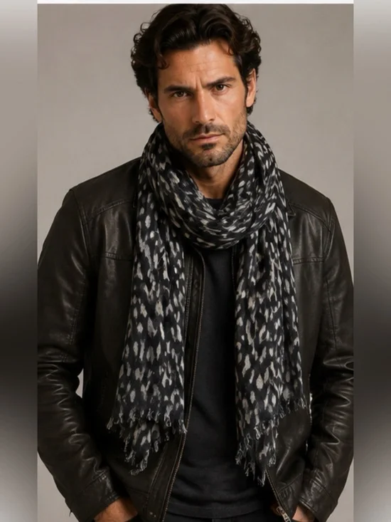 Y2K Gap Leopard Scarf Mens Black Gray Crinkle cotton feel soft 20x76