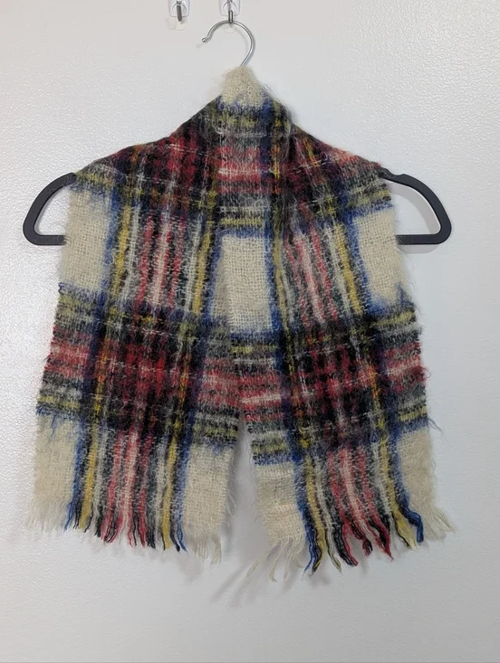 Glentana Wool & Mohair Red Cream Blue Plaid‎ Fringed Scarf Made In Scotland