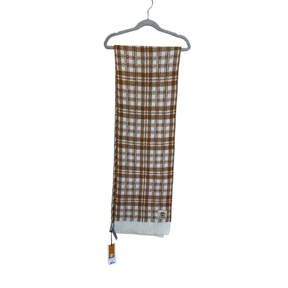 Timberland Plaid‎ Scarf Brown White Acrylic Knit Winter Warm Soft NWT