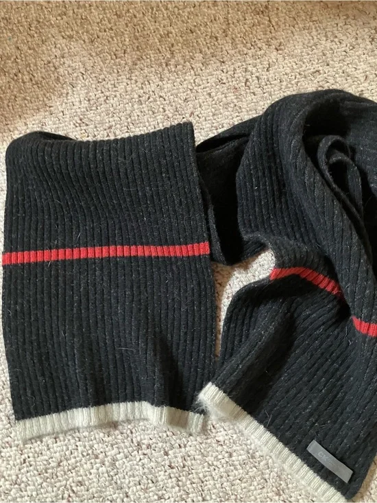 Calvin Klein Black Ribbed Scarf with Red Stripe