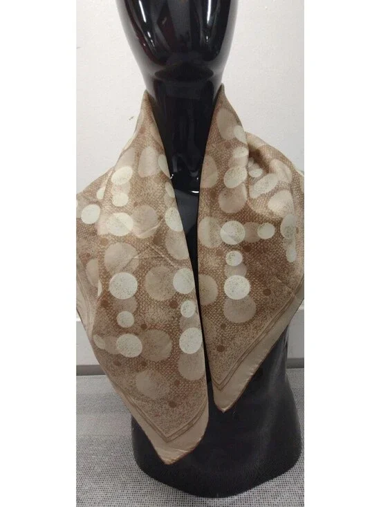 Vintage Mid Century 50s 1960s Large Scarf Silky Beige White Silkscreen Circles