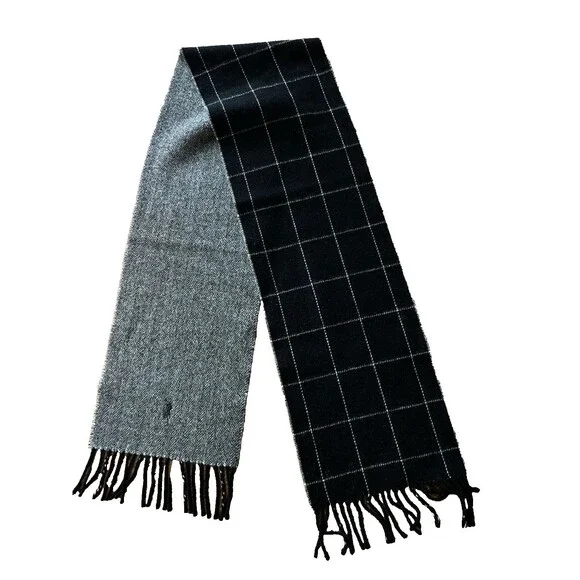 Polo Ralph Lauren Lambswool Scarf Grey Black Plaid Fringe Preppy Heritage Italy