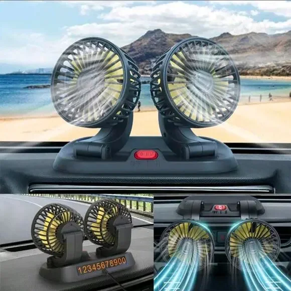 For Car Vehicle Truck 12V‎ 360° Rotatable Dual Head Fan Cooler Air Fan Portable