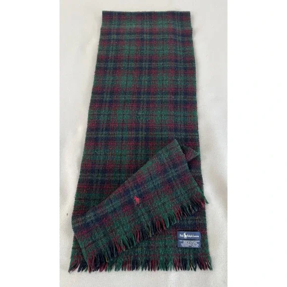 VTG Polo‎ Ralph Lauren Men's Lambwool Plaid Scarf Red Green 58