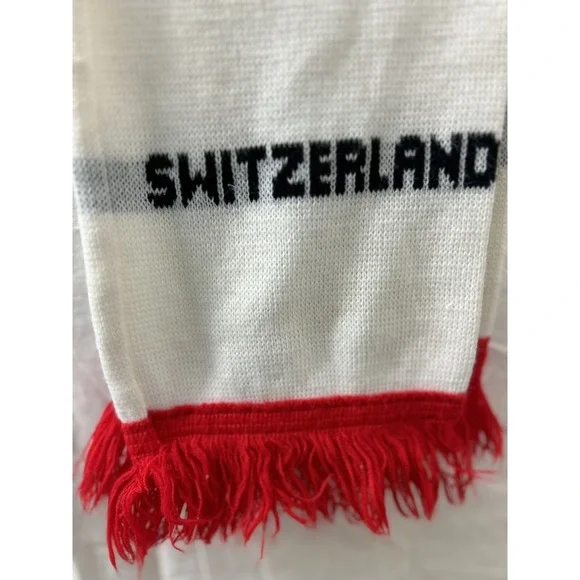 Unbranded Switzerland Knit Scarf OS White‎ Red Fringe Souvenir Alpine Gorpcore