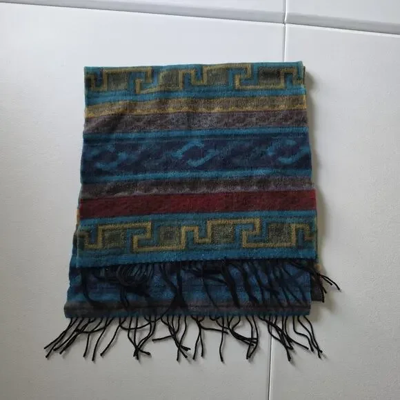 Geometric Merino Wool Scarf Mens One Size Multicolor Fringe Made In Germany
