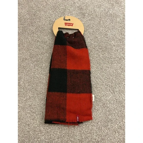 Levis Buffalo Plaid Scarf Unisex OS Red Black NEW 45LV06BS02 Checkered Acrylic
