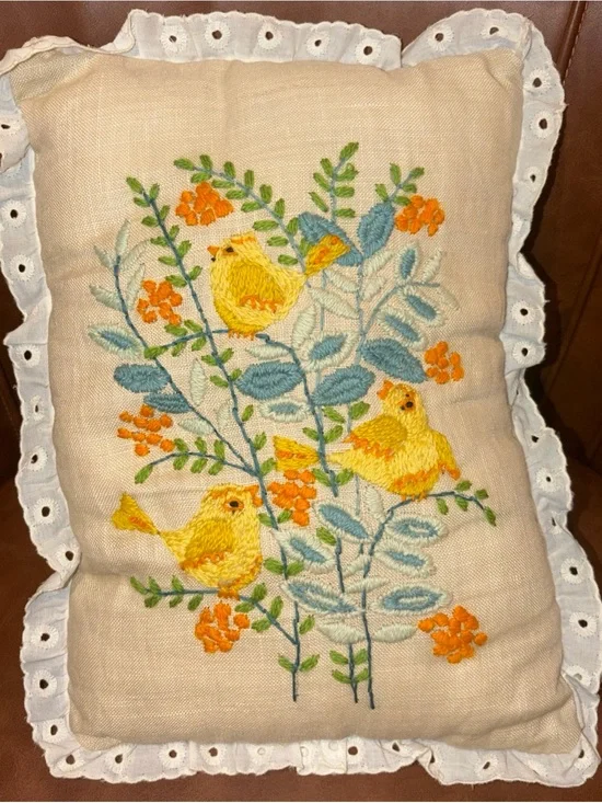 Vintage Hand Stitched Yellow Bird Floral Pillow  Handmade Throw Accent Granny