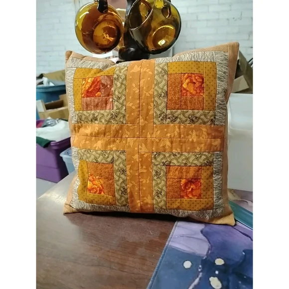 Handmade Patchwork Pillow Quilted Log Cabin Window‎ Floral 70's