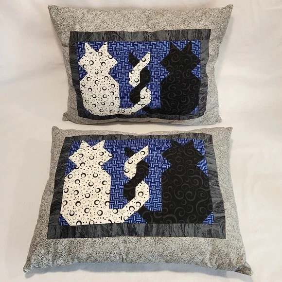 Set of 2 Handmade Quilted‎ Cat Pillows 17x14 Black Blue White Intertwined Tails