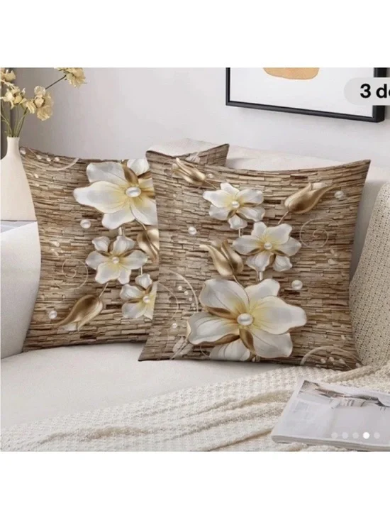 Neutral Beige Floral Accent Pillow Covers with Gold Petals - Set of 2